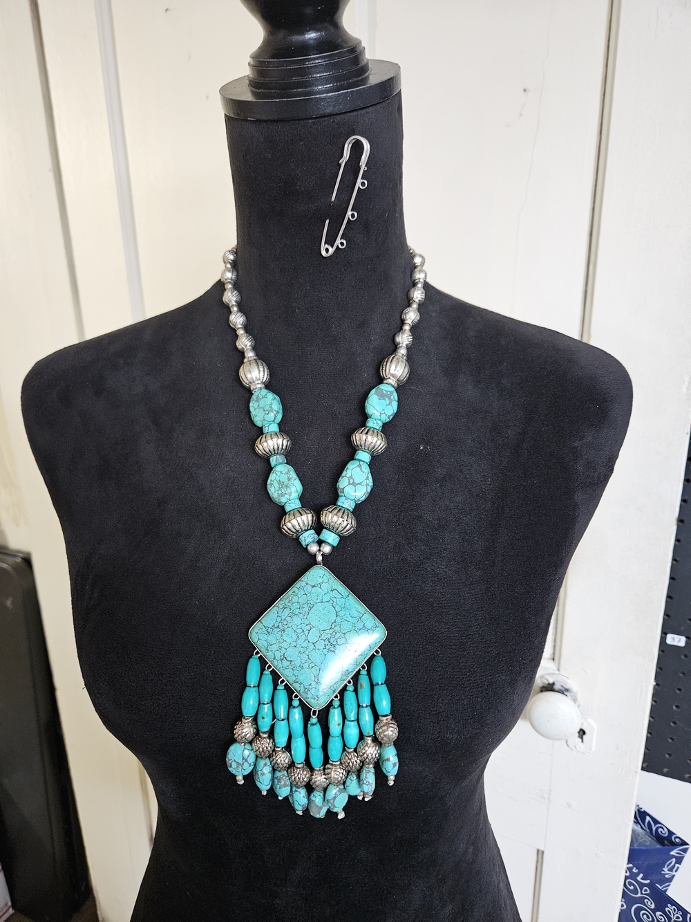 Turquoise Colored Howlite Statement Pendant Necklace - Boho Silver Accents